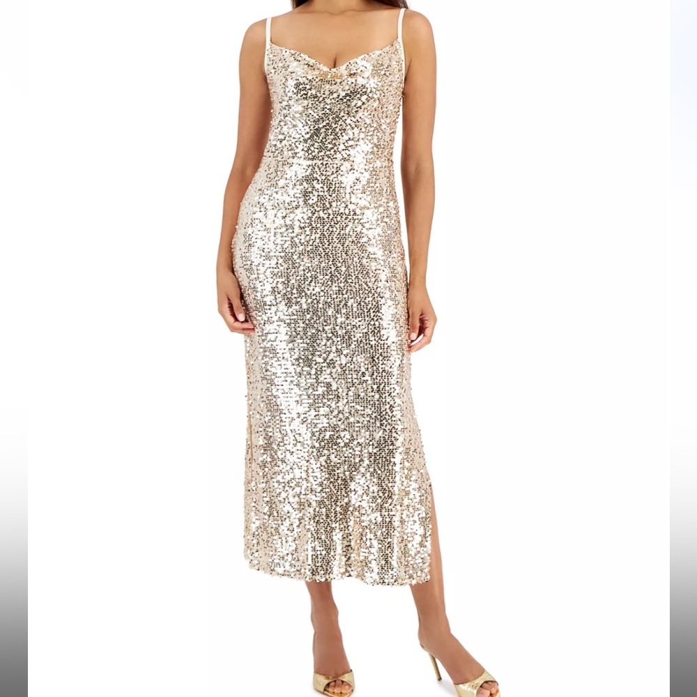 Champagne Gold Sequined Draped-Neck Sleeveless Dress // Size 10